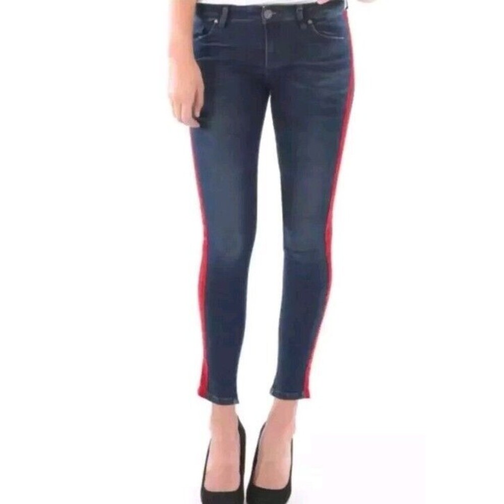 Dark Blue Skinny Jeans with Red Side Stripe Detail